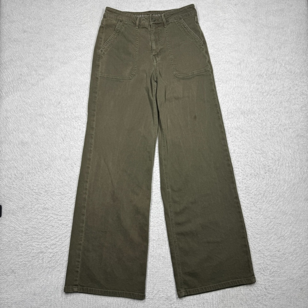 American Eagle Baggy Wide Leg Pants Mid Rise Stretch Green Women's Size 6 Long